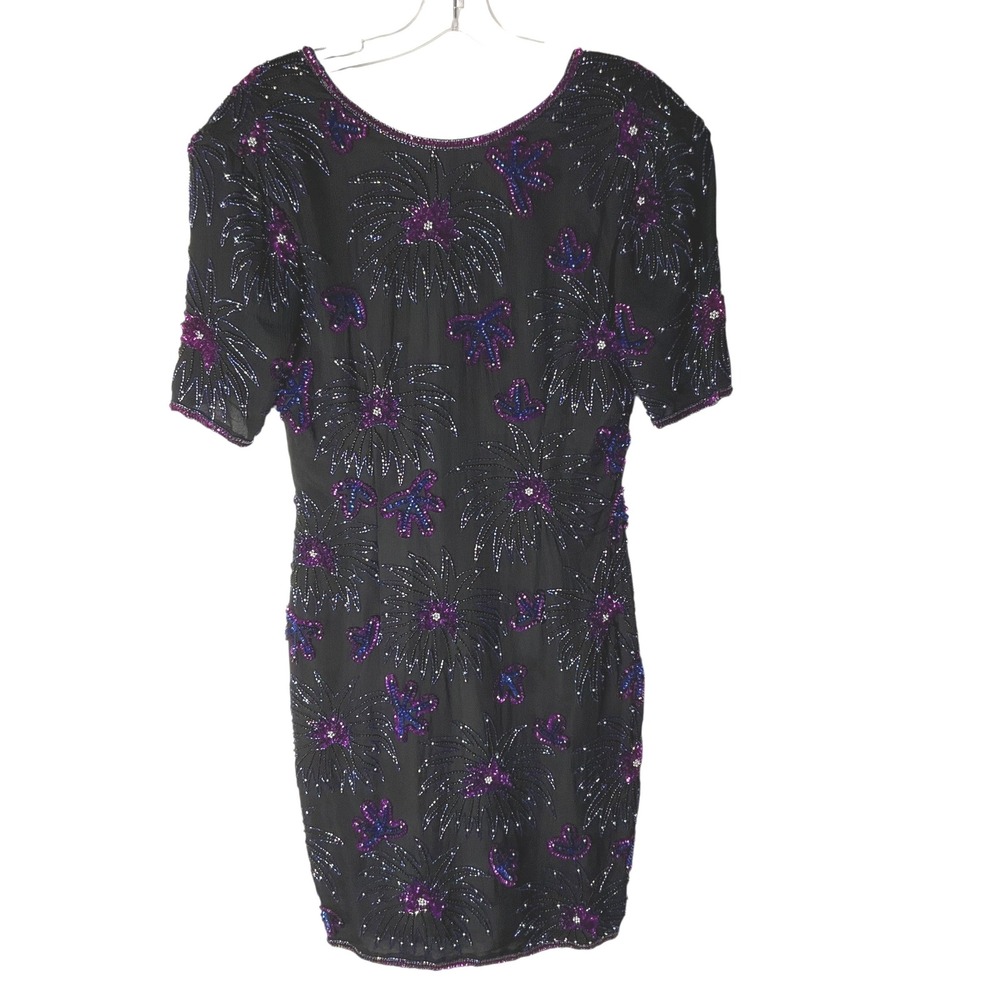 Stenay Vintage Beaded Cocktail Mini Dress Silk Sheath Black Purple Floral Size 8